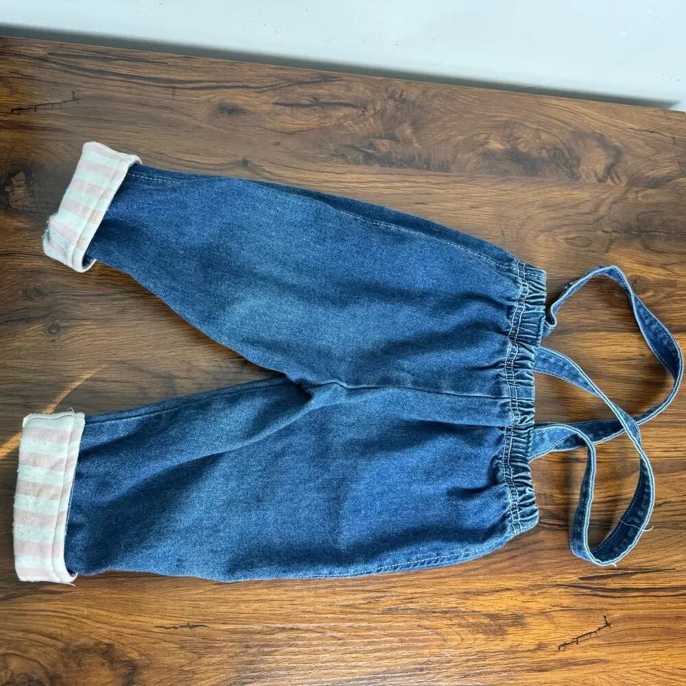 Vintage Tot Trends PALS Baby Overalls 18M Denim Suspenders Pink Cuffs